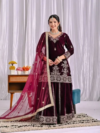 RICH LOOK VISCOSE VELVET EMBROIDERY MULTI NEEDLE SEQUENCE WORK TOP PALAZZO WITH DUPATTA MAROON