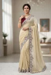 SPACE SILK EMBROIDERY SEQUENCE BORDER WORK WITH CUT WORK SAREE WITH UNSTITCHED BLOUSE CREAM
