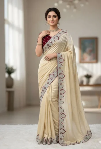 SPACE SILK EMBROIDERY SEQUENCE BORDER WORK WITH CUT WORK SAREE WITH UNSTITCHED BLOUSE CREAM