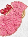 TRENDING FENDY SATIN EMBROIDERY SEQUENCE WORK BORDER WITH BUTTI WORK SAREE WITH STITCHED BLOUSE PINK