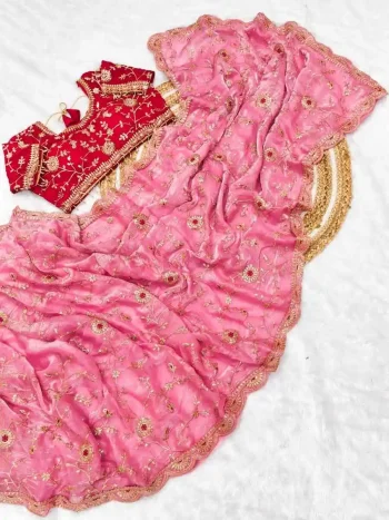TRENDING FENDY SATIN EMBROIDERY SEQUENCE WORK BORDER WITH BUTTI WORK SAREE WITH STITCHED BLOUSE PINK