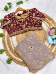 TRENDING FENDY SATIN EMBROIDERY SEQUENCE WORK BORDER WITH BUTTI WORK SAREE WITH STITCHED BLOUSE WEDDING WEAR WHOLESALE PRICE ETHNIC GARMENT (20)
