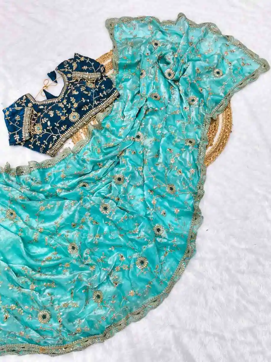 TRENDING FENDY SATIN EMBROIDERY SEQUENCE WORK BORDER WITH BUTTI WORK SAREE WITH STITCHED BLOUSE WEDDING WEAR WHOLESALE PRICE ETHNIC GARMENT (24)