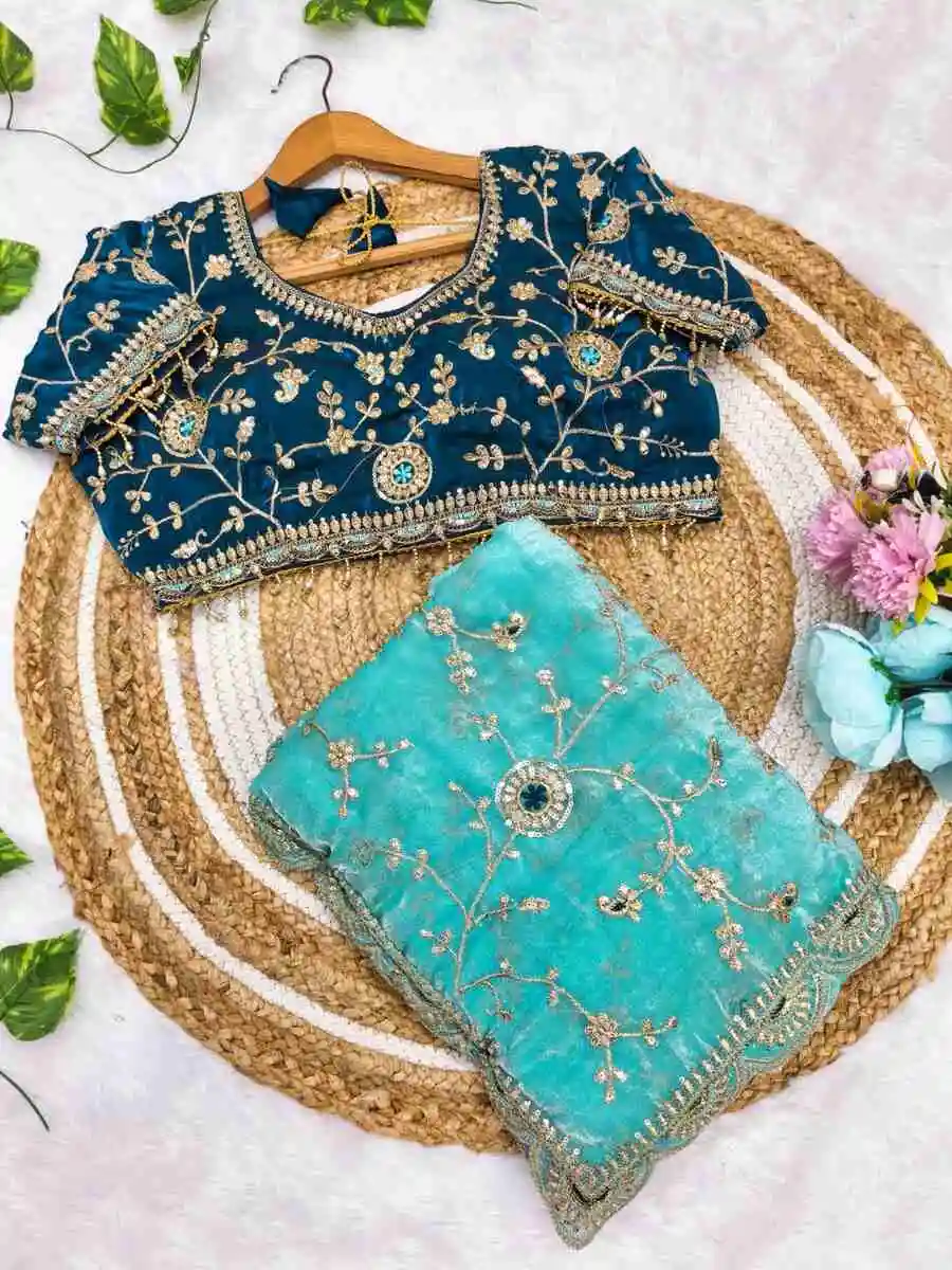 TRENDING FENDY SATIN EMBROIDERY SEQUENCE WORK BORDER WITH BUTTI WORK SAREE WITH STITCHED BLOUSE WEDDING WEAR WHOLESALE PRICE ETHNIC GARMENT (25)