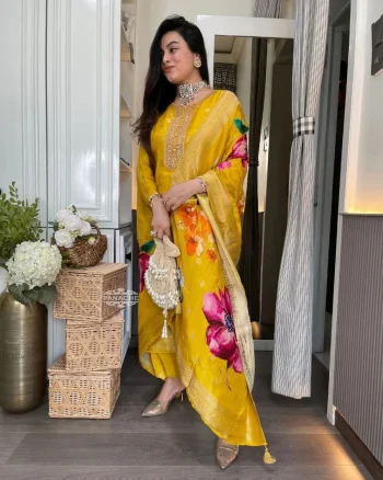 TRENDING JACQUARD SEQUENCE CODING EMBROIDERY WORK TOP BOTTOM WITH DUPATTA YELLOW