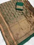 TRENDING LICHI SILK BANARASI WEAVING WORK SAREE WITH UNSTITCHED BLOUSE GREEN