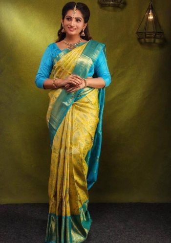 TRENDING LICHI SILK BANARASI WEAVING WORK SAREE WITH UNSTITCHED BLOUSE YELLOW