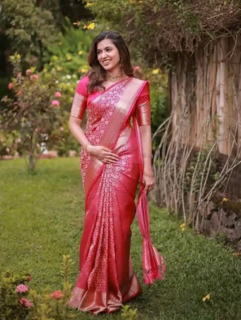 TRENDING LICHI SILK BANARASI WEAVING WORK SAREE WITH UNSTITCHED BLOUSE PINK