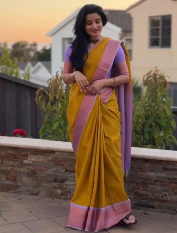 TRENDING LICHI SILK JACQUARD WORK SAREE WITH UNSTITCHED BLOUSE SAREE WITH UNSTITCHED BLOUSE MUSTARD