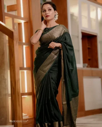 TRENDING LICHI SILK JACQUARD WORK SAREE WITH UNSTITCHED BLOUSE SAREE WITH UNSTITCHED BLOUSE GREEN