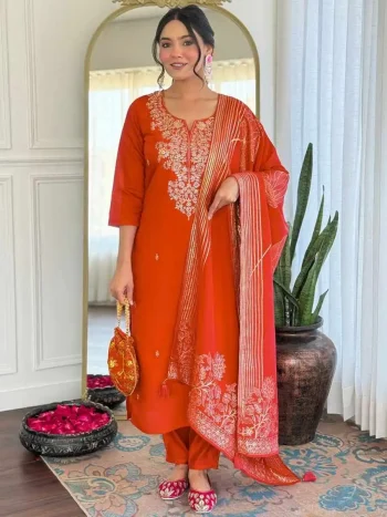 TRENDING ROMAN SILK SEQUENCE CODING EMBROIDERY WORK TOP BOTTOM WITH DUPATTA  ORANGE