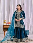 TRENDING VISCOSE VELVET EMBROIDERY MULTI NEEDLE SEQUENCE WORK TOP PALAZZO WITH DUPATTA TEAL