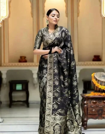 ATTRACTIVE LICHI SILK JACQUARD WORK SAREE WITH UNSTITCHED BLOUSE BLACK