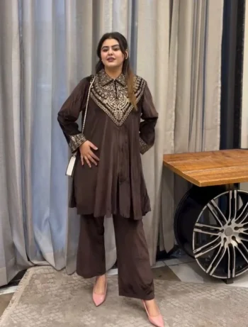 DESIGNER VELVET SEQUENCE EMBROIDERY WORK TOP PALAZZO SET BROWN