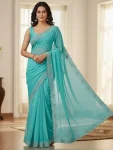 MODERN GEORGETTE HOTFIX WORK SAREE WITH UNSTITCHED BLOUSE SKY