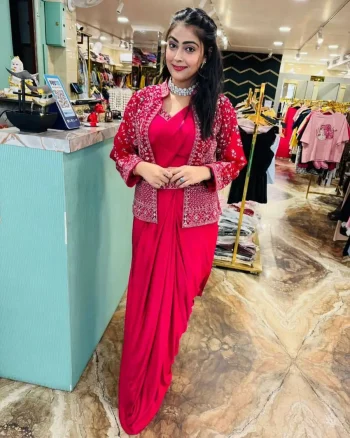 MODERN CREPE SILK PLAIN READY TO WEAR SAREE WITH EMBROIDERY SEQUENCE WORK KOTI AND BLOUSE RANI