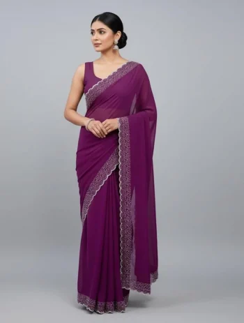 MODERN GEORGETTE HOTFIX WORK SAREE WITH UNSTITCHED BLOUSE WINE