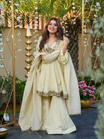 NEW ARRIVAL CHINON SILK REAL MIRROR WORK TOP PALAZZO WITH DUPATTA OFF WHITE
