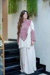 MODERN CHINON CORDED EMBROIDERY, MOTI WORK & LATKAN WORK TOP WITH DRAPE SKIRT OFF WHITE