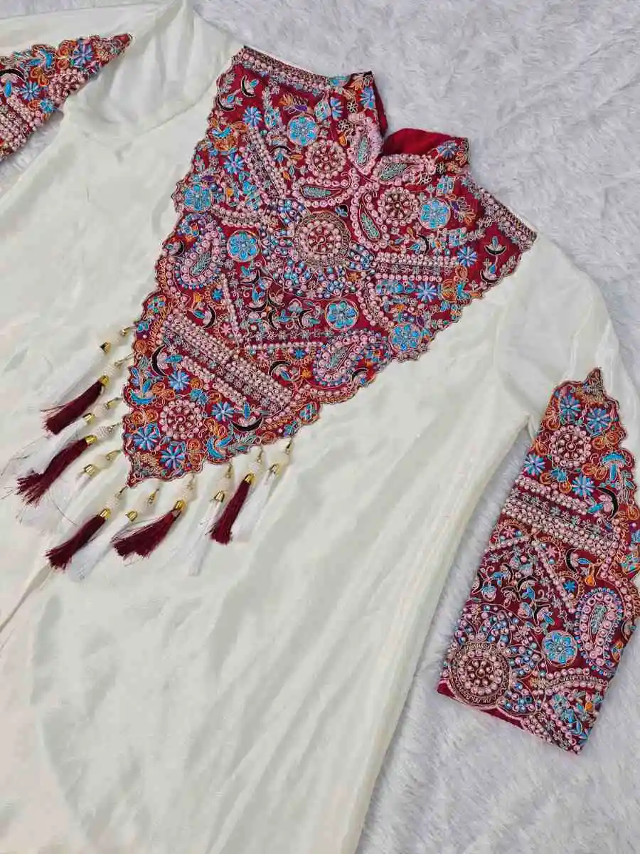 12MODERN CHINON CORDED EMBROIDERY, MOTI WORK & LATKAN WORK TOP WITH DRAPE SKIRT PARTY WEAR WHOLESALE PRICE ETHNIC GARMENT (8)