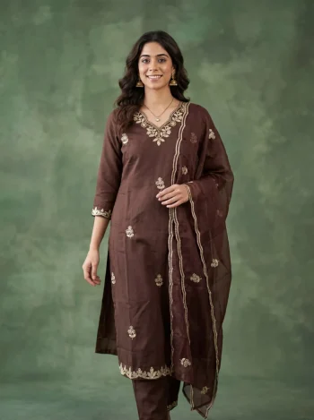 MODERN COTTON BLEND EMBROIDERY WORK TOP BOTTOM WITH DUPATTA BROWN