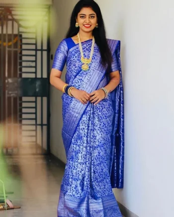 NEW ARRIVAL LICHI SILK RICH PALLU & JACQUARD WORK SAREE WITH UNSTITCHED BLOUSE BLUE
