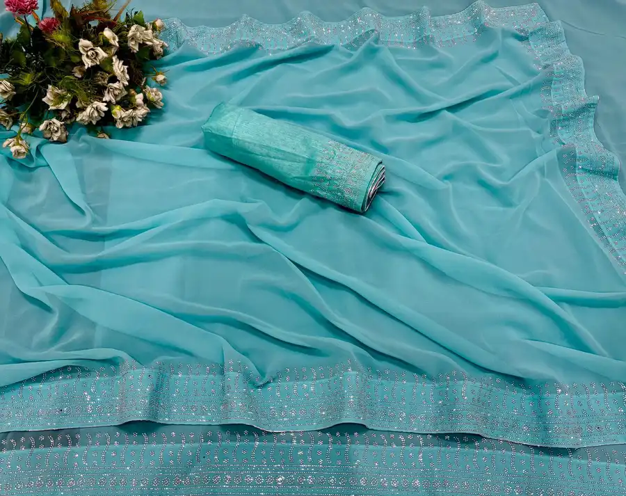 14MODERN GEORGETTE HOTFIX WORK SAREE WITH UNSTITCHED BLOUSE PARTY WEAR WHOLESALE PRICE ETHNIC GARMENT (22)