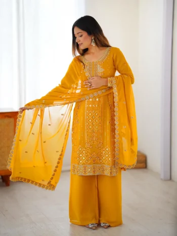 MODERN GEORGETTE THREAD WITH SEQUENCE WORK TOP PALAZZO WITH DUPATTA YELLOW