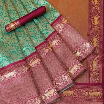 ATTRACTIVE LICHI SILK JACQUARD WORK SAREE WITH UNSTITCHED BLOUSE SKY