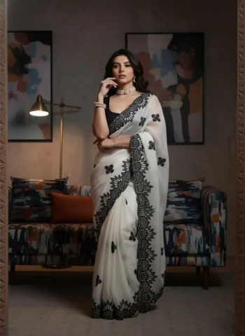 RICH LOOK FENDY CHIFFON EMBROIDERY BORDER WORK SAREE WITH UNSTITCHED BLOUSE OFF WHITE