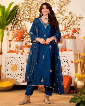 DESIGNER VICHITRA SILK EMBROIDERY WORK TOP BOTTOM WITH DUPATTA BLUE