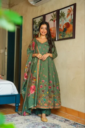 NEW ARRIVAL VISCOSE RAYON PRINT WORK TOP BOTTOM WITH DUPATTA MINT