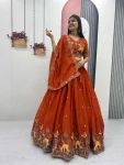 DESIGNER MOSS SHIMMER EMBROIDERY THREAD & PIPE VAL WORK LEHENGA CHOLI WITH DUPATTA ORANGE