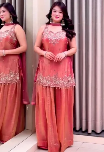 RICH LOOK FENDY SILK EMBROIDERY SEQUENCE AND THREAD WORK WITH READY MADE LACE WORK TOP PALAZZO WITH DUPATTA BABY PINK