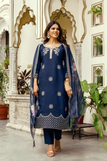 DESIGNER ROMAN SILK EMBROIDERY WORK TOP BOTTOM WITH DUPATTA NAVY BLUE