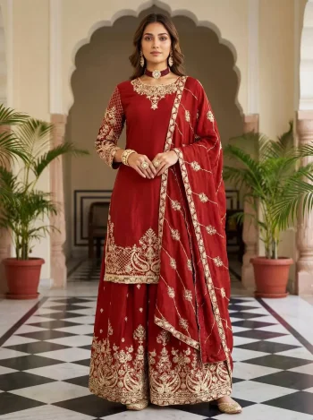 ATTRACTIVE CHINON SILK EMBROIDERY CODING SEQUENCE ZARI WORK TOP PALAZZO WITH DUPATTA ORANGE