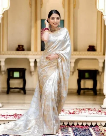 ATTRACTIVE LICHI SILK JACQUARD WORK SAREE WITH UNSTITCHED BLOUSE OFF WHITE