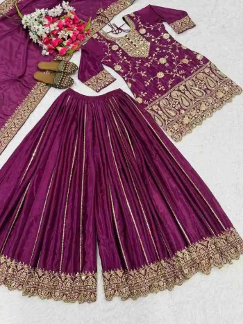 DESIGNER CHINON EMBROIDERY SEQUENCE WORK TOP PALAZZO WITH DUPATTA WINE