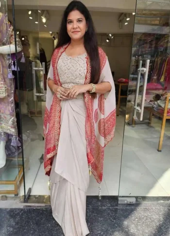 DESIGNER CREEP SILK EMBROIDERY SEQUENCE WITH REAL MIRROR WORK DRAPE SKIRT BLOUSE AND SHRUG RANI