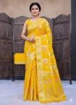 DESIGNER DOLA SILK ZARI MEENAKARI WOVEN PALLU WITH HEAVY WOVEN BORDER WORK SAREE WITH UNSTITCHED BLOUSE YELLOW