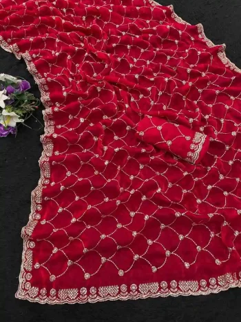 DESIGNER FENDY CHIFFON SILK SEQUENCE EMBROIDERY WORK WITH CUT WORK BORDER WORK SAREE WITH UNSTITCHED BLOUSE RANI