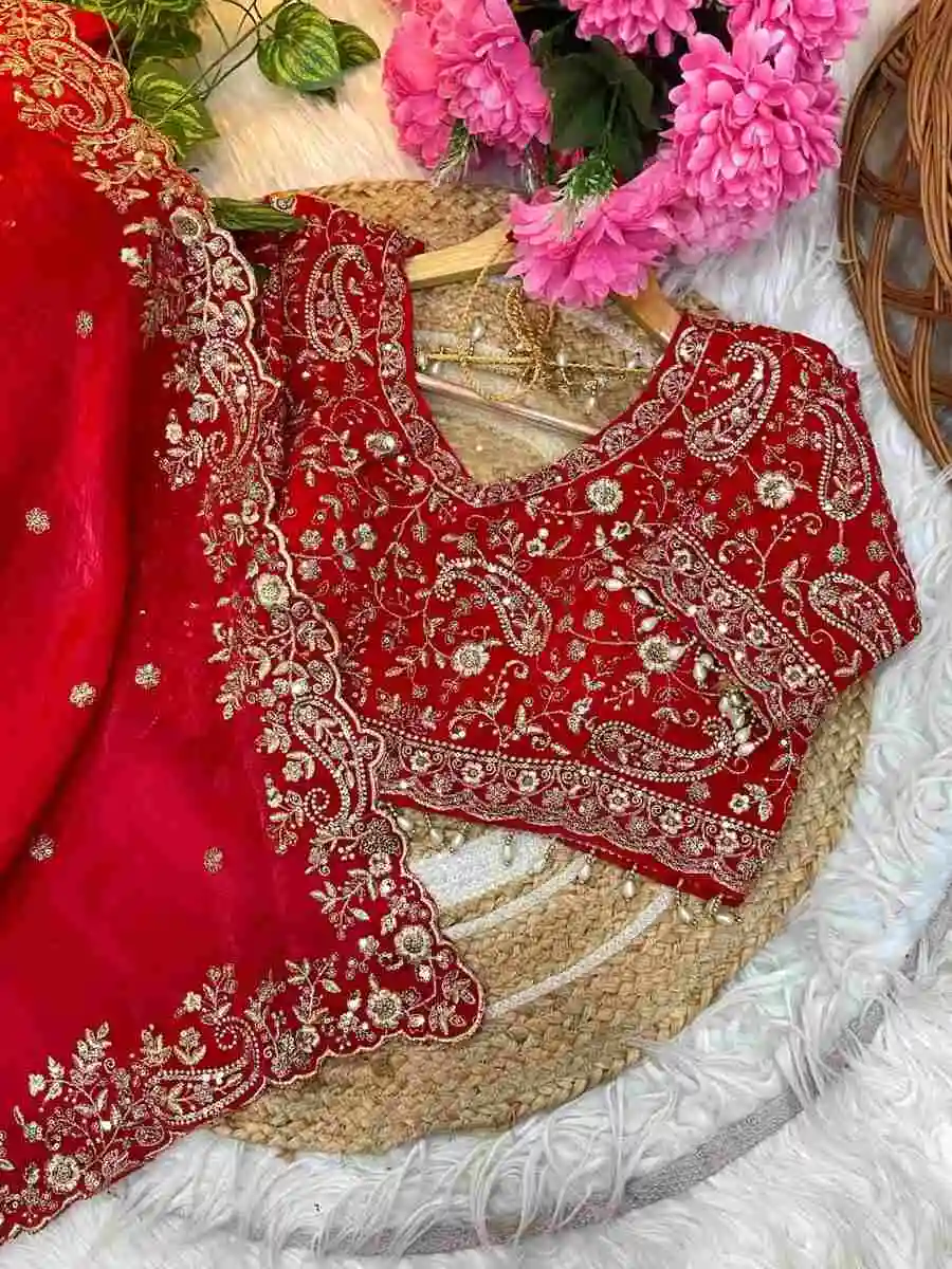 1DESIGNER FENDY SATIN EMBROIDERY SEQUENCE WORK HEAVY BORDER WITH BUTTI WORK SAREE WITH STITCHED BLOUSE WEDDING WEAR WHOLESALE PRICE ETHNIC GARMENT (15)