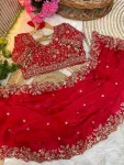 DESIGNER FENDY SATIN EMBROIDERY SEQUENCE WORK HEAVY BORDER WITH BUTTI WORK SAREE WITH STITCHED BLOUSE RED