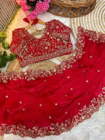 DESIGNER FENDY SATIN EMBROIDERY SEQUENCE WORK HEAVY BORDER WITH BUTTI WORK SAREE WITH STITCHED BLOUSE RED