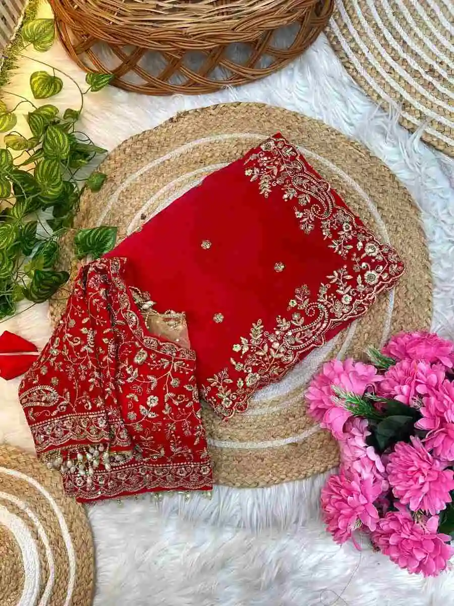 1DESIGNER FENDY SATIN EMBROIDERY SEQUENCE WORK HEAVY BORDER WITH BUTTI WORK SAREE WITH STITCHED BLOUSE WEDDING WEAR WHOLESALE PRICE ETHNIC GARMENT (17)