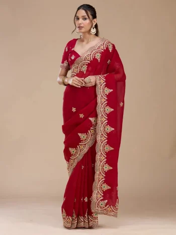 DESIGNER FENDY SATIN EMBROIDERY WORK AND MULTI THREAD WORK WITH ARC CUT WORK BORDER WORK SAREE WITH UNSTITCHED BLOUSE RED