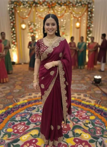DESIGNER FENDY SATIN EMBROIDERY WORK HEAVY BORDER WITH BUTTA WORK SAREE WITH STITCHED BLOUSE WINE