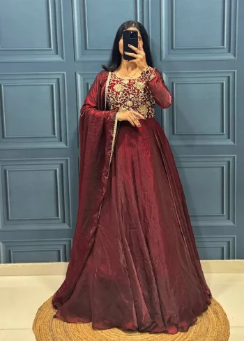 DESIGNER FENDY SILK EMBROIDERY SEQUENCE WORK GOWN WITH DUPATTA MAROON