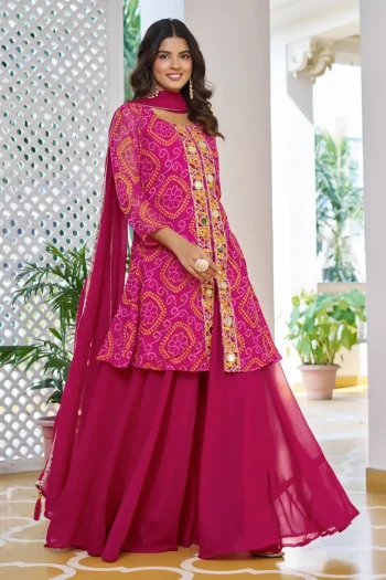 DESIGNER GEORGETTE BANDHANI PRINT ORIGINAL MIRROR WITH THREAD WITH BEADS EMBROIDERY WORK TOP PALAZZO WITH DUPATTA PINK