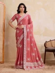 DESIGNER GEORGETTE EMBROIDERY CUTWORK WORK ARC BORDER WORK SAREE WITH UNSTITCHED BLOUSE PEACH